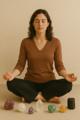 Une femme entourée de pierres énergétiques pratiquant la méditation pour éloigner les énergies toxiques - Elemiah voyance 08.99.96.90.99